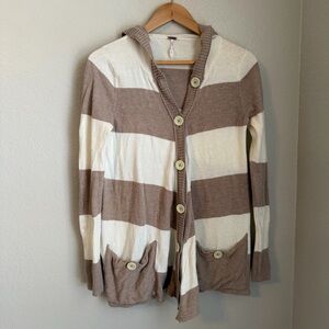 Free People Striped Hooded Cardigan Cream Brown Cotton Wool Blend Sweater, Small